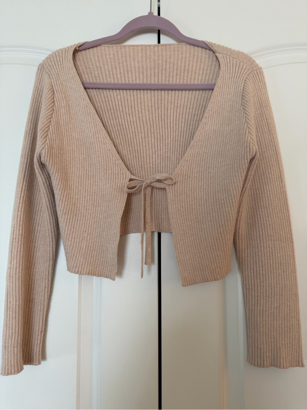 Amazon Women's Ribbed Tie-Front Cropped Cardigan - Beige